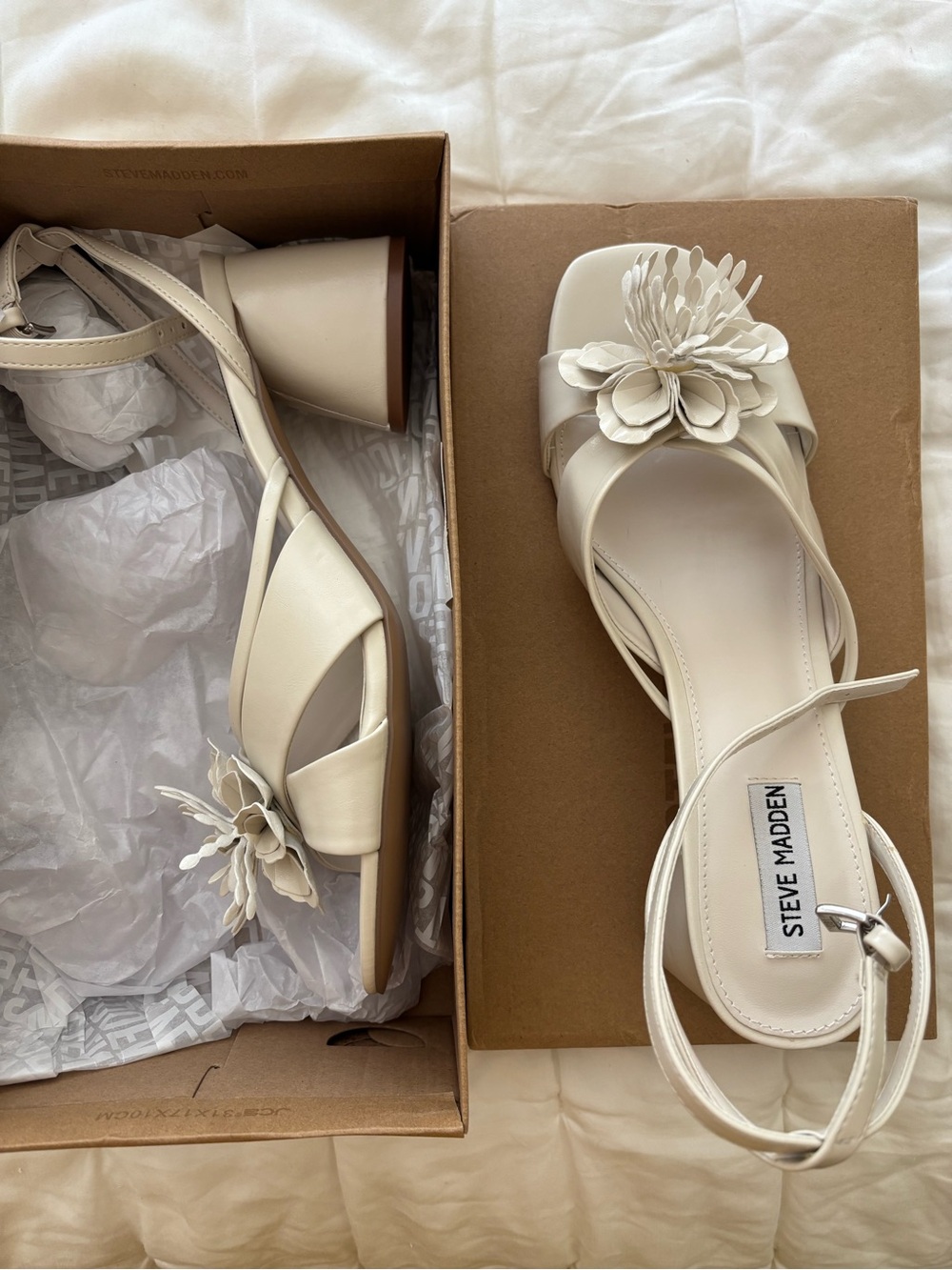 Steve Madden Cream Floral Ankle-Strap Block Heel Sandal